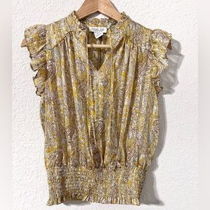 Rachel Zoe Women's Tan Yellow Paisley Blouse Cinch Waist Semi Sheer Size S